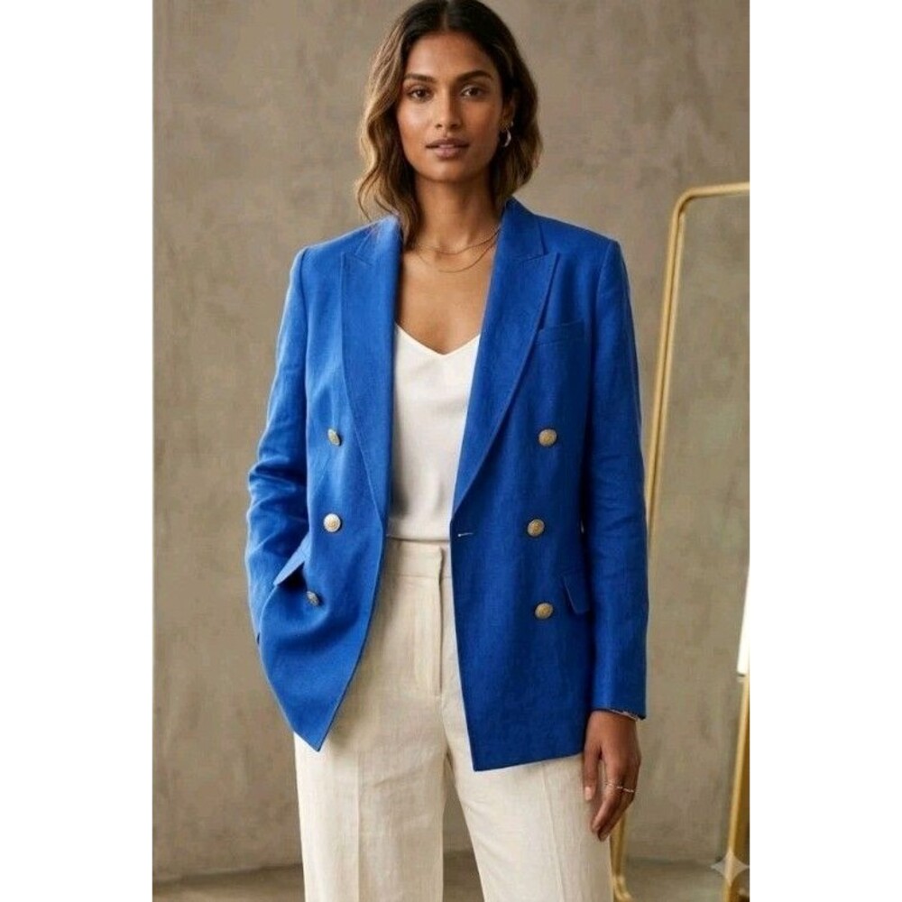 Lauren Ralph Lauren 14 Black Label Double Breasted Linen Royal Blue Blazer